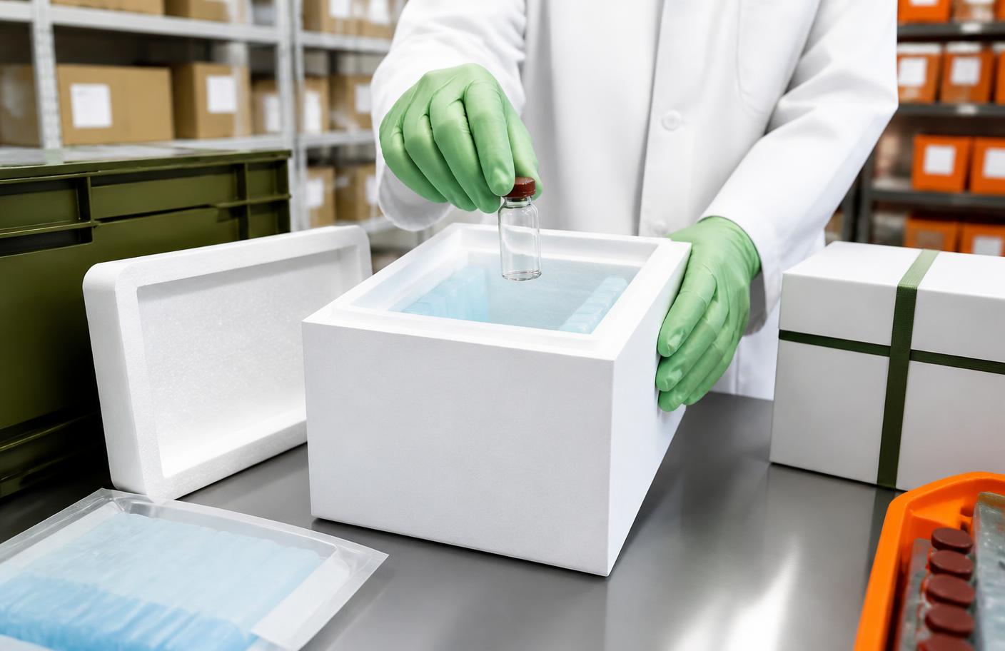 Embalagem térmica com gelo reutilizável para manter os frascos de T.G. 15 refrigerados entre 2 °C e 8 °C
