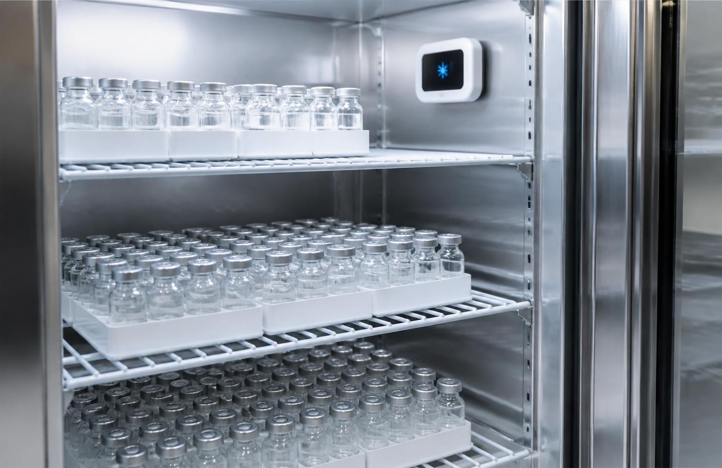 Frascos de solução injetável organizados em prateleiras de refrigerador farmacêutico de aço inox com termômetro digital