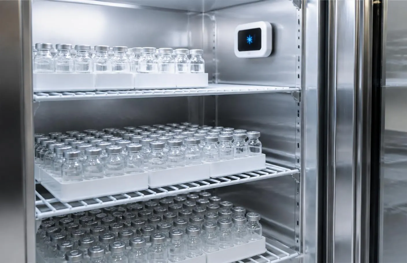 Frascos de solução injetável organizados em refrigerador farmacêutico com termômetro digital