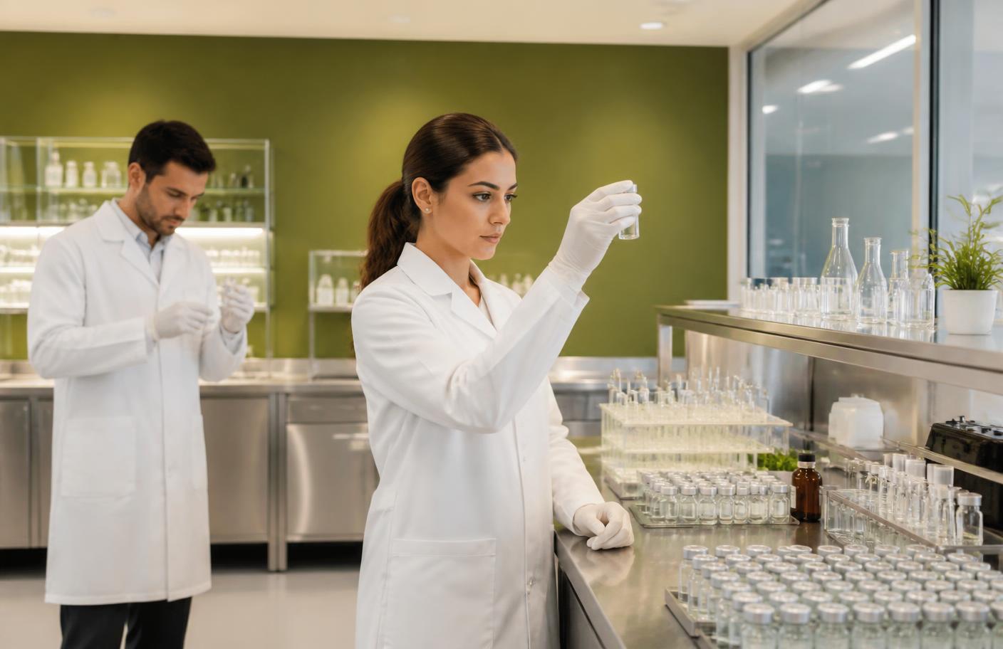 Profissionais de laboratório com jalecos brancos inspecionando frascos de solução injetável